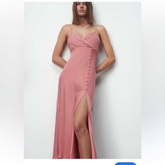 Zara Pink Maxi Dress with Slit satin effect - Picture 1 of 6